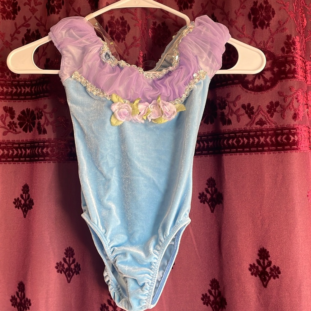 3/$20 Baby Blue Velvet & Purple Floral Dance Leotard